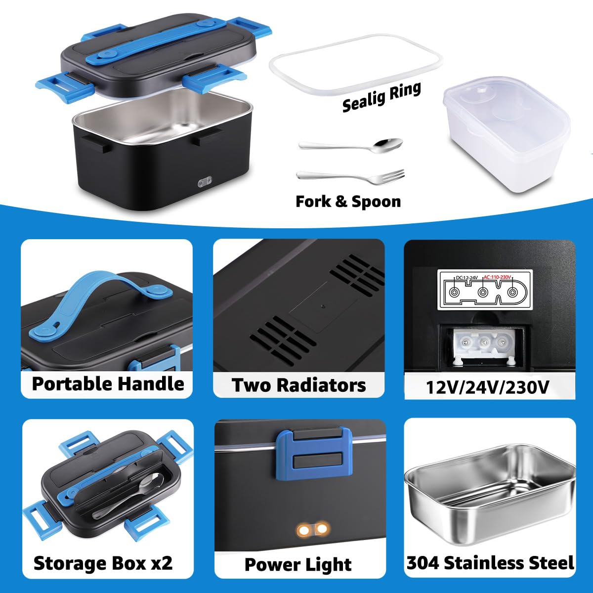 Fiambrera Eléctrica 100W Acero Inoxidable 1,8 L Taper Electrico para Comida 12V/24V/230V, Calentador de Comida para Coche/Camión/Oficina, bolsa comida Trabajo(1.8L-Azul)