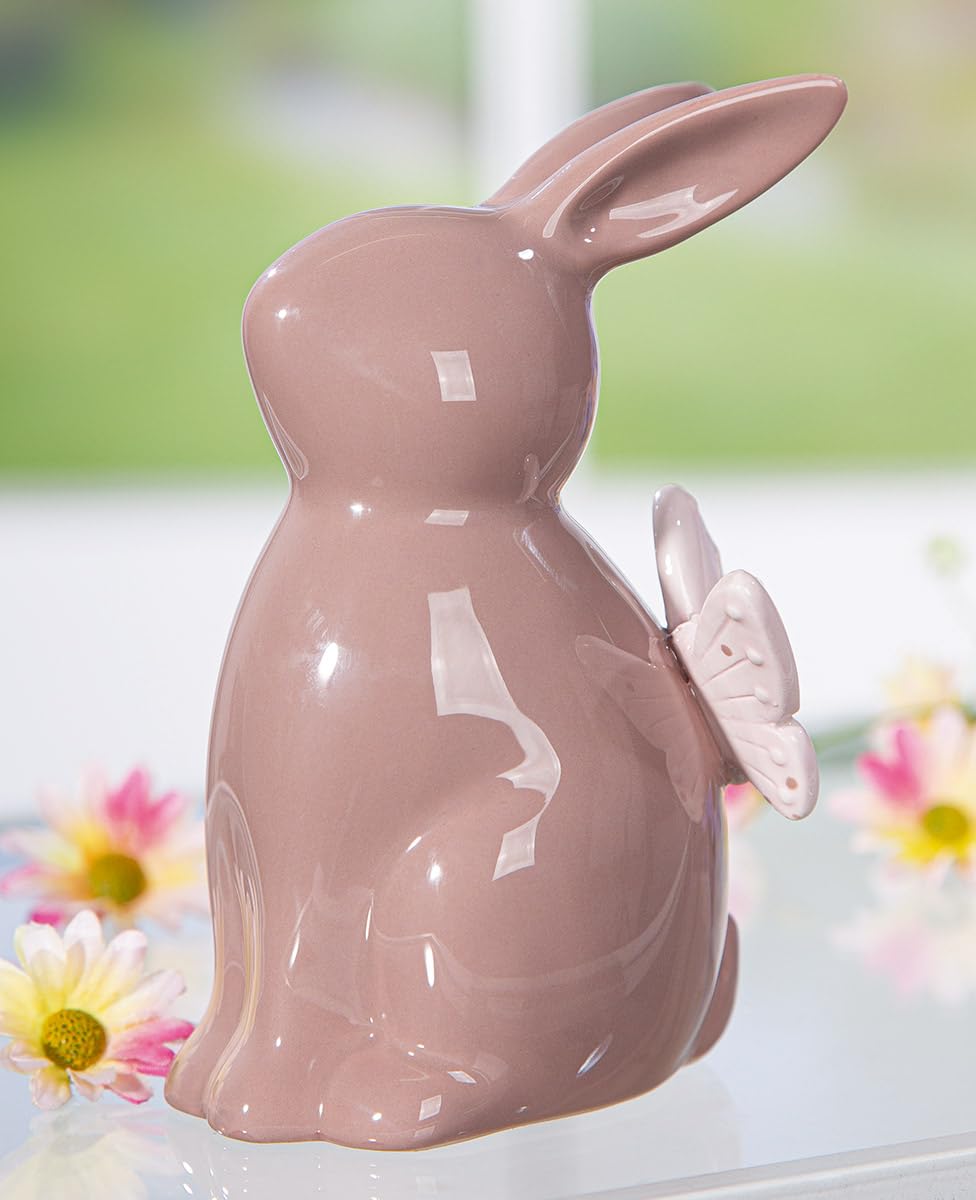 AlexandreHouse Pack of 4 Figures, Bunny, Butterfly Pattern, Porcelain, Brown, PU 4, L. 7 cm, W. 11 cm, H. 14 cm