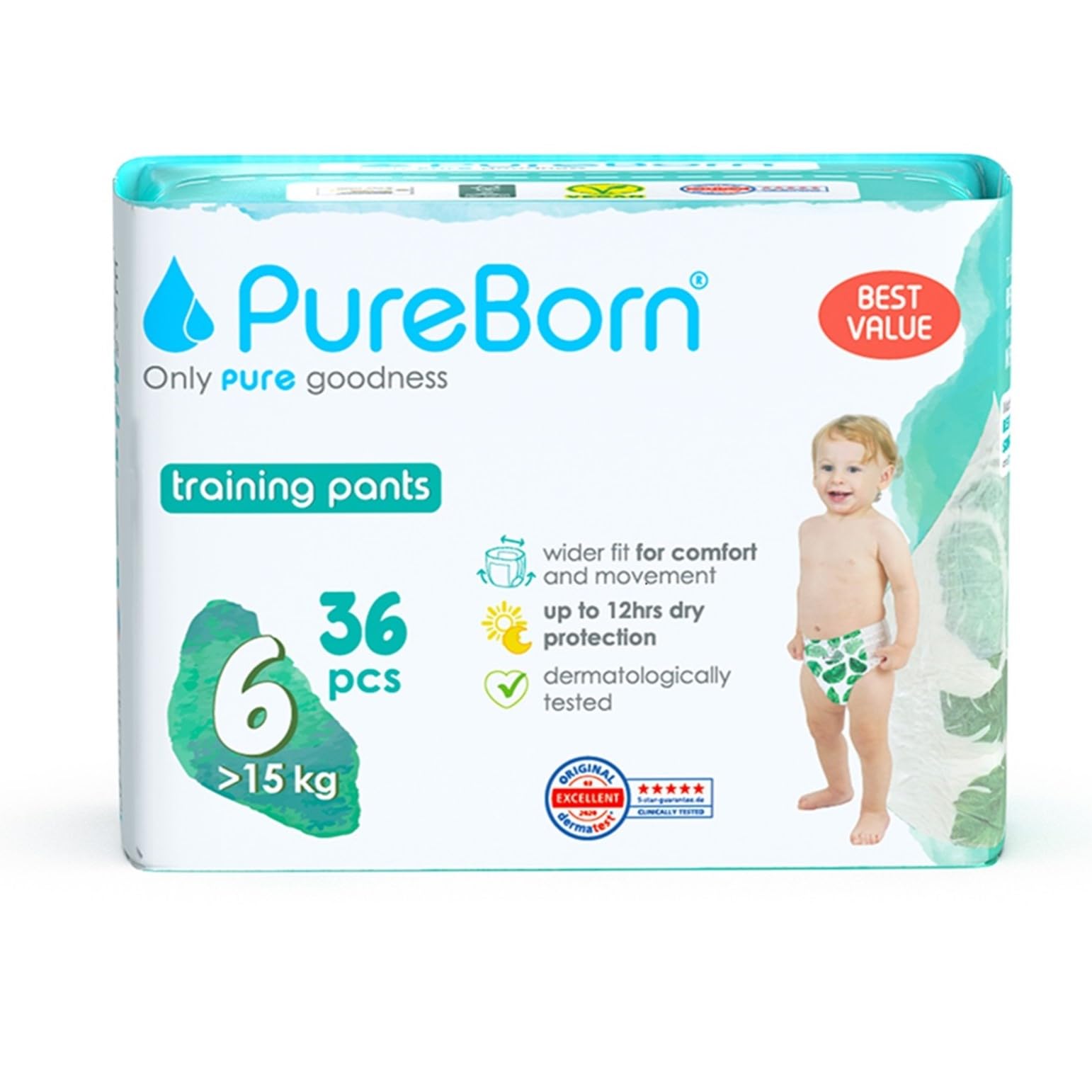 PureBorn Baby Pants Luierbroekjes, Maat 6 (15 kg), 108 Luiers (6x18), Optimale Bescherming Overdag en 's Nachts, Ultrazacht, Huidvriendelijk, Dermatologisch Getest