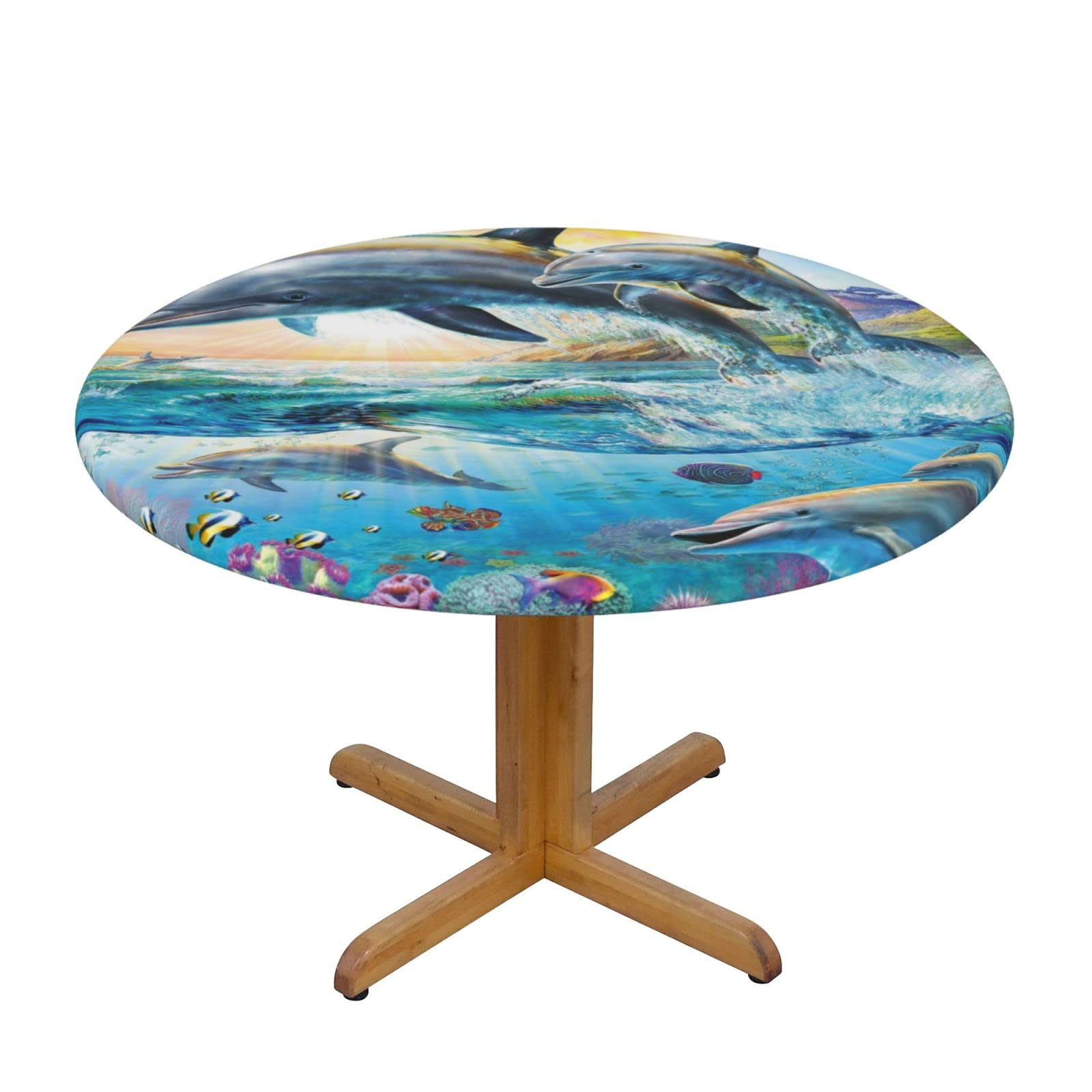 Lsjuee Round Fitted Tablecloth 45-50in Elastic Edged Table Cloth for Kitchen Dining Party Home Decor - Dolphin Colorful Underwater Animal