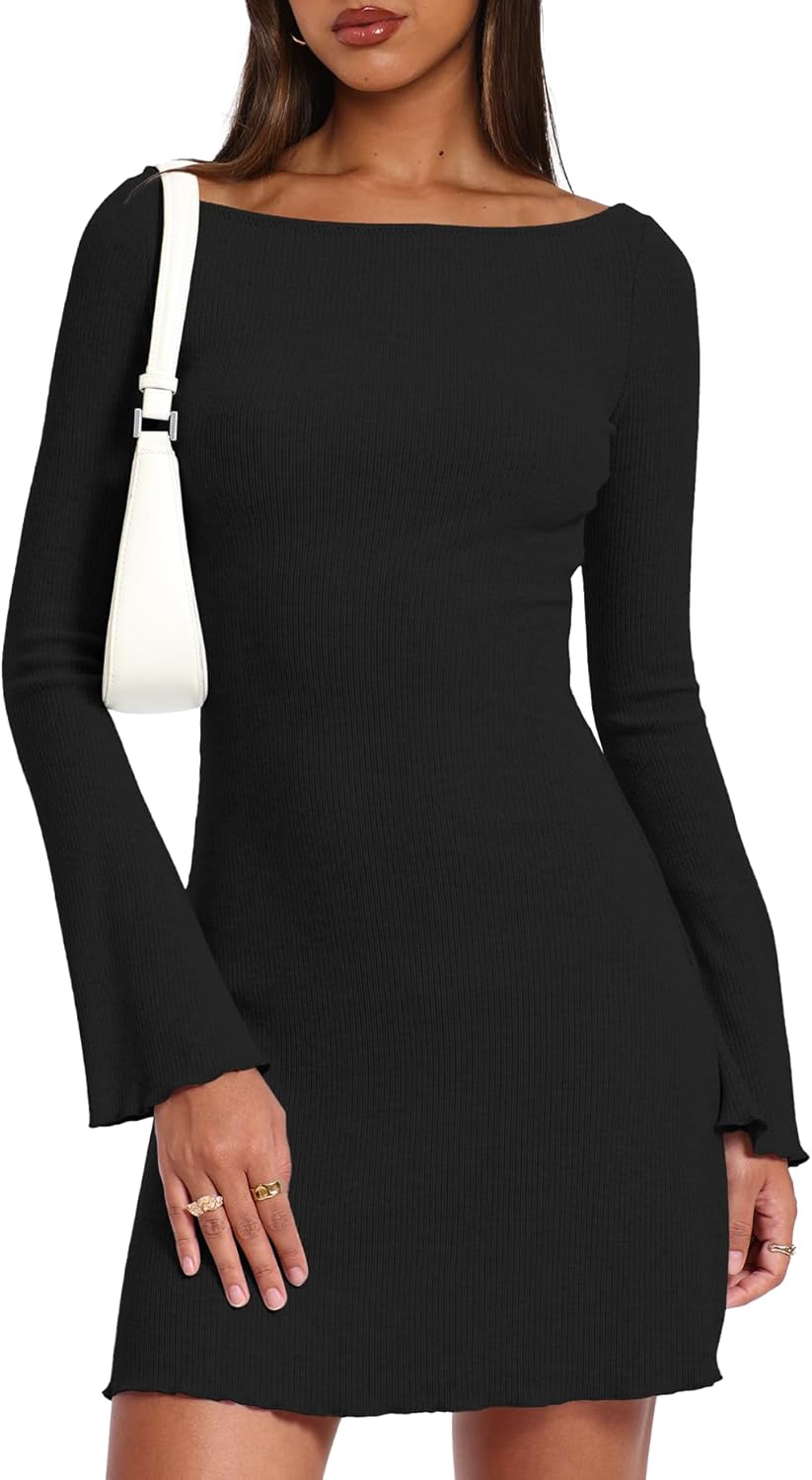 Darong Women's Long Sleeve Boat Neck Mini Dress Ribbed Knit Casual Bodycon A-Line Short Dresses Fall Winter Outfits