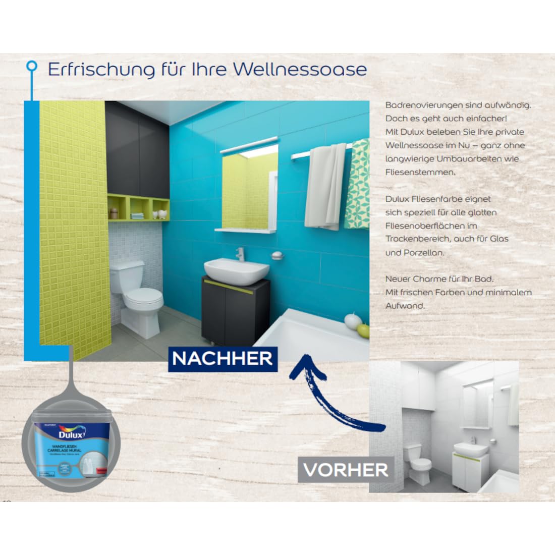 Dulux Fresh up Wandfliesenfarbe Satin, Frische Farbe für Ihr Bad, Weiß, 750 ml