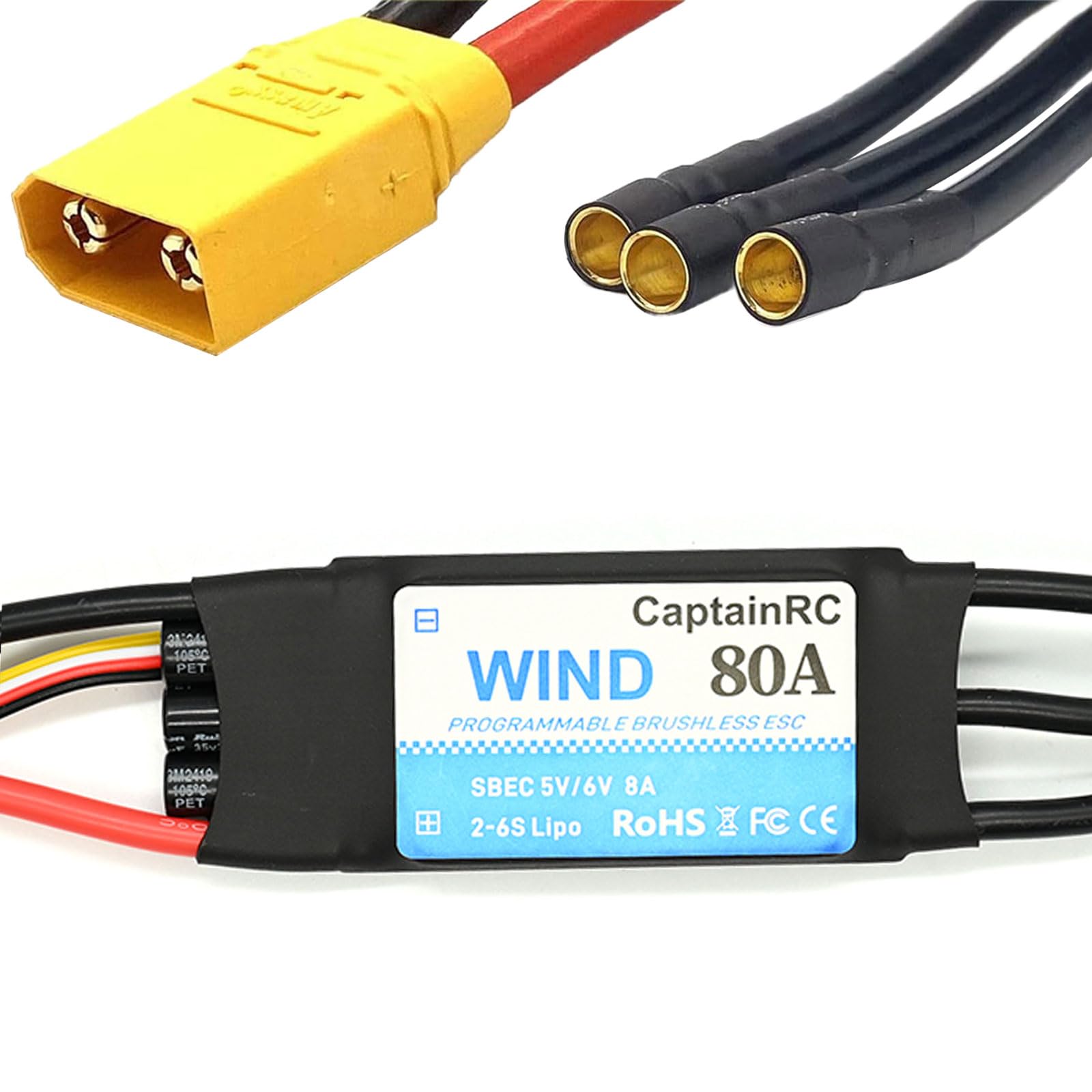 80A ESC with 5V 6V/8A BEC 2-6S Electric Speed Controller with XT60 & 3.5mm Bullet Plugs for Fixed Wing Airplane/RC Drone Airplane/Brushless Motors (80A)