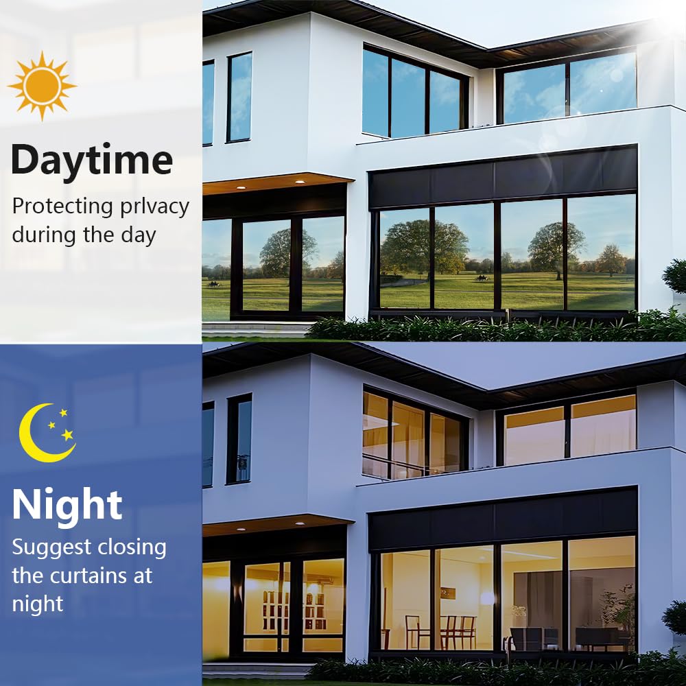 One Way Window Privacy Film, Static Cling Window Tint Sun Blocking Heat UV,Reflective Window Film for Home,Office, Shop Windows (Blue Silver, 23.6''X118'')