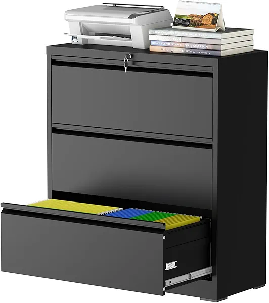 FOSTOKO 3 Drawer Lateral File Cabinet with Lock, Metal File Cabinets for Home Office, Steel Heavy-Duty Filing Storage Cabinet for Letters/Legal/A4 (Require Assembly, Black)