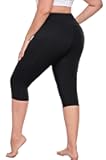 Plus Size Leggings with Pockets Knee Length, L-5XL Capri Yoga Pants High Waisted, Tummy Control Workout Leggings