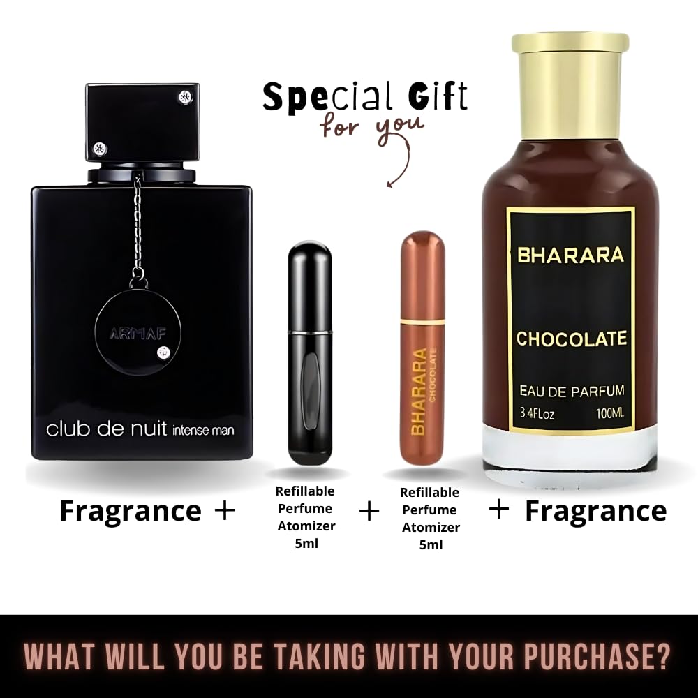 Men's Bundle Club De Nuit Intense Man 3.6oz EDT & Chocolate Bharara 3.4oz EDP & 2 Empty Travel Perfume Atomizer Gift -Spicy Woody Sweet-Long Lasting for Men