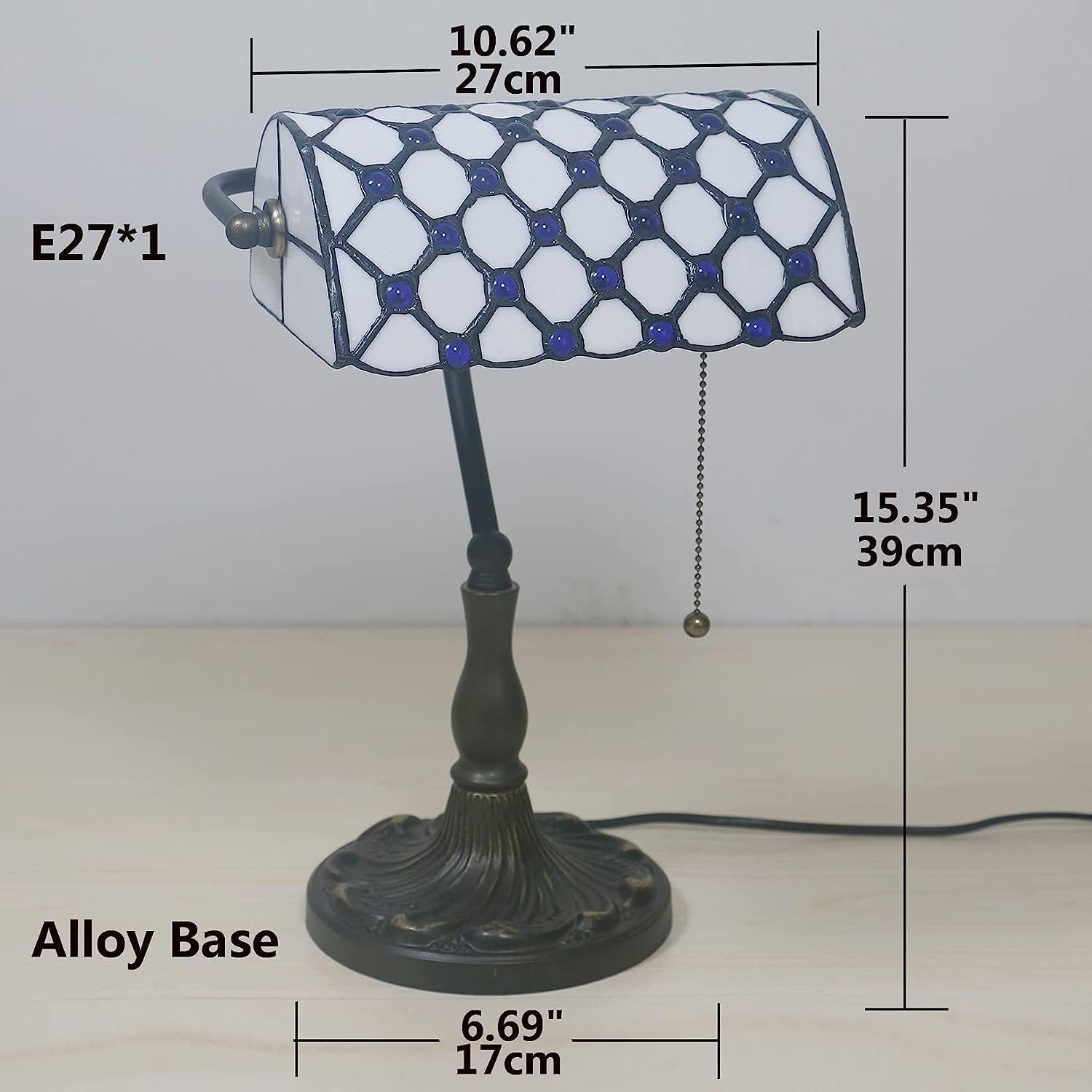 Bankiers Tischlampe, farbige Glaslampe, Kristallperlenschreibtischlampe, Schlafzimmer in der Nacht Leselampe (weiße Blaue Glasperlen Schatten) Innovate