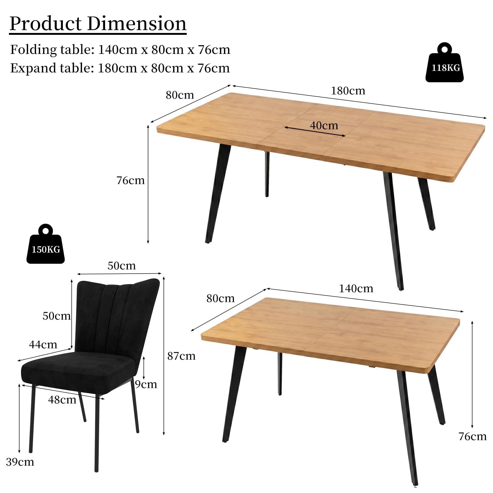 JIEXI Ausziehbares Esstisch-Set mit 6 Stühlen, platzsparender MDF-Tisch und stabilem Metallgestell, ideal für Esszimmer, Küchen und Wohnungen – Tisch in Eiche + Stühle mit schwarzem Samtbezug