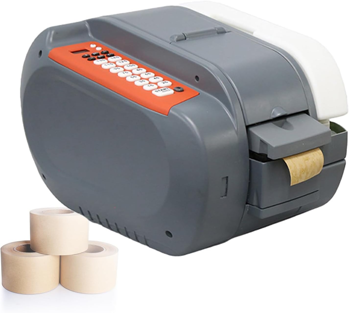 Dispenser di nastro adesivo attivabile con acqua e taglierina programmabile per imballaggi industriali.