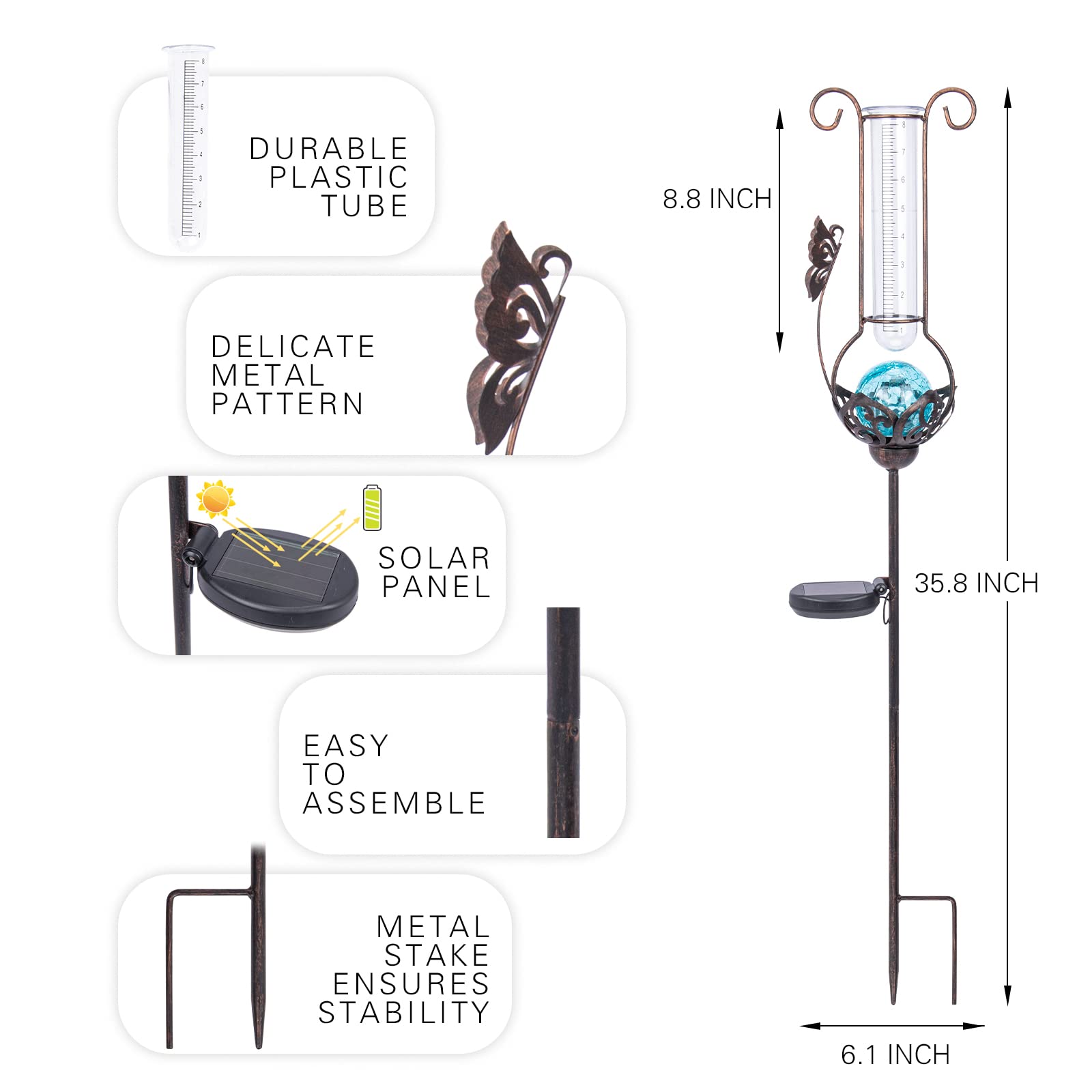 WONDER GARDEN Solar Rain Gauge Outdoor Decorative