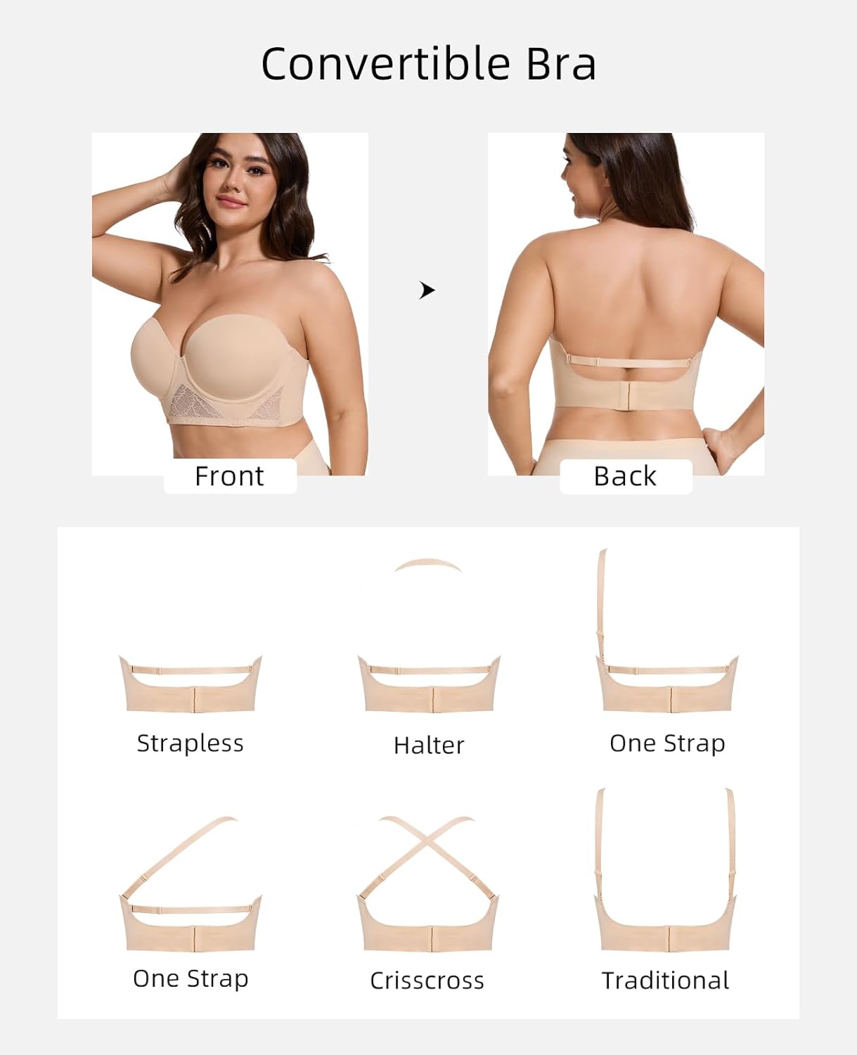 Strapless Longline Bra for Women Convertible Multiway Lace Corset Lift Up Bras Underwired Plus Size - Image 2