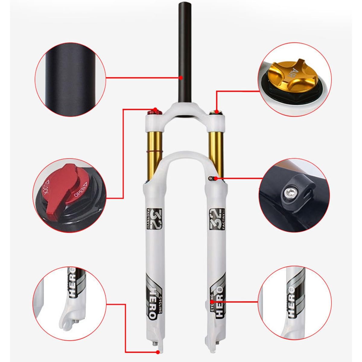 Horquilla Delantera de Aire para Bicicleta de montaña de 26'', 27.5'' y 29'' con Control Remoto Manual, suspensión para Bicicleta de Ciclismo, sin Rosca, Recorrido de 1-1/8", 120 m