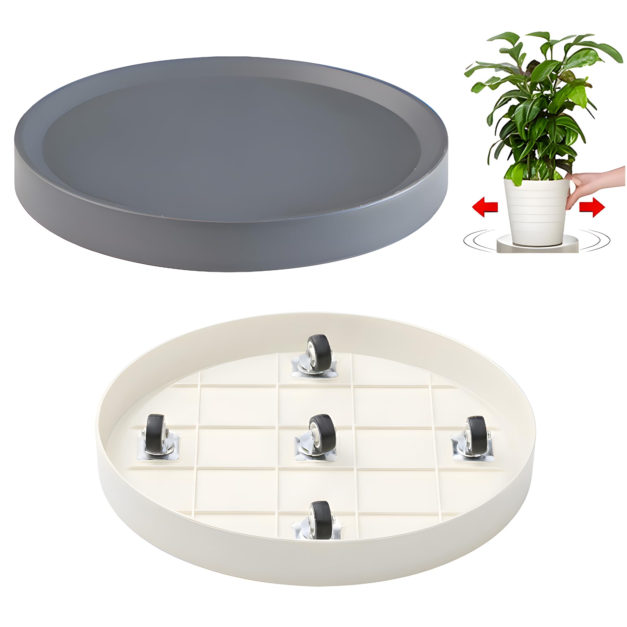 KangTeer 2-Pack Plant Caddy with Hidden Wheels,33.5cm Inner Diameter Round Mobile Plant Stand Pot Trolley,80kg Load Capacity, for Large Flower Pots, Ceramics Decor, Grey/Light Grey