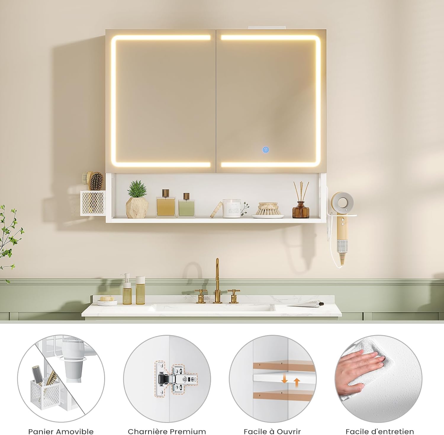 Specchio Bagno 70x16x60 cm con Luce LED Regolabile, Specchio Bagno Contenitore con Mensole Regolabili, Mobile Specchio Bagno con Presa Elettrica e Supporto per Asciugacapelli, Controllo Touch
