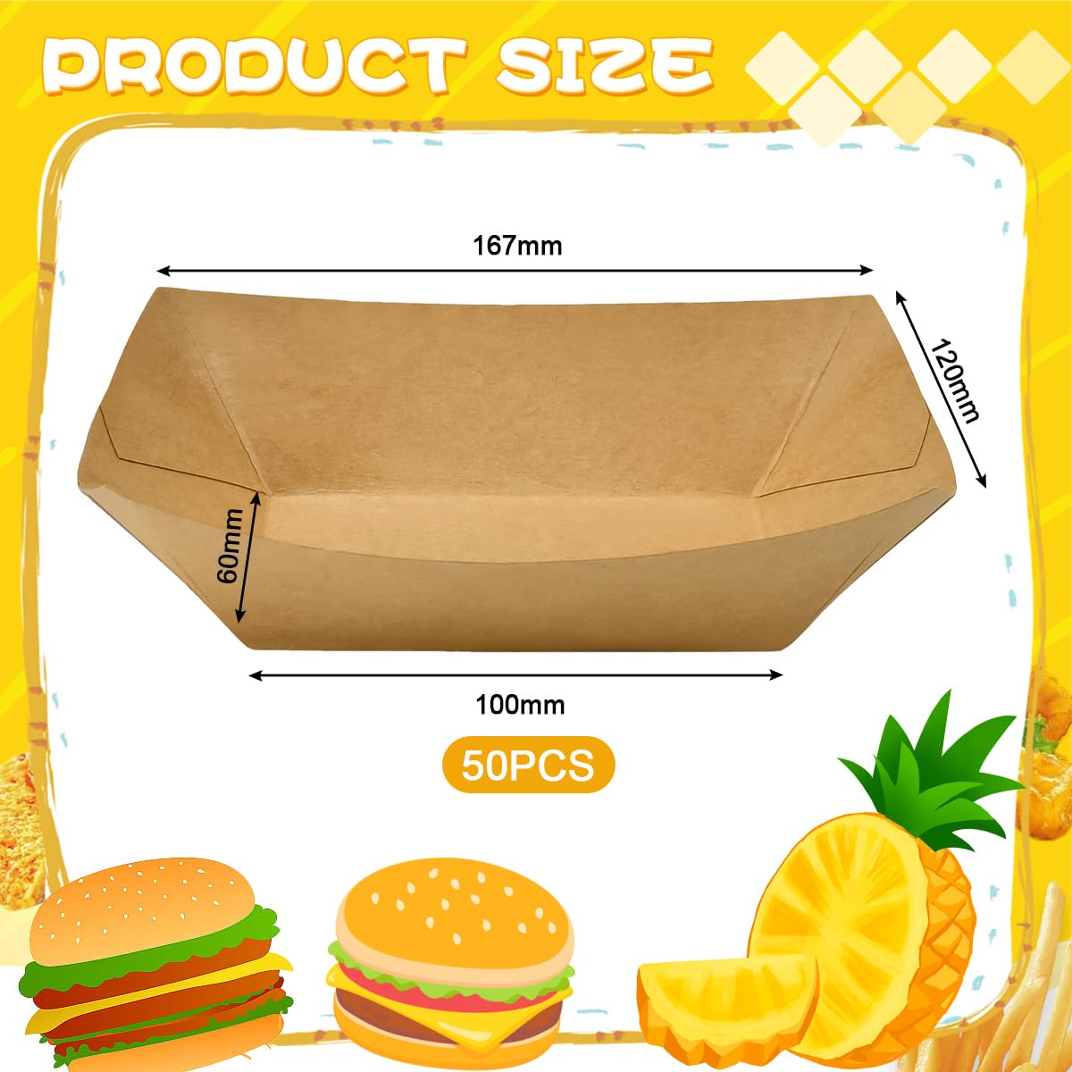 50 Pz Vassoi Cartone Kraft, Ciotole per Patatine fritto in Cartone, Barchette per Finger Food, Ciotole Profonde per Cibi fritto, Picnic 16,7 x 12 x 4cm