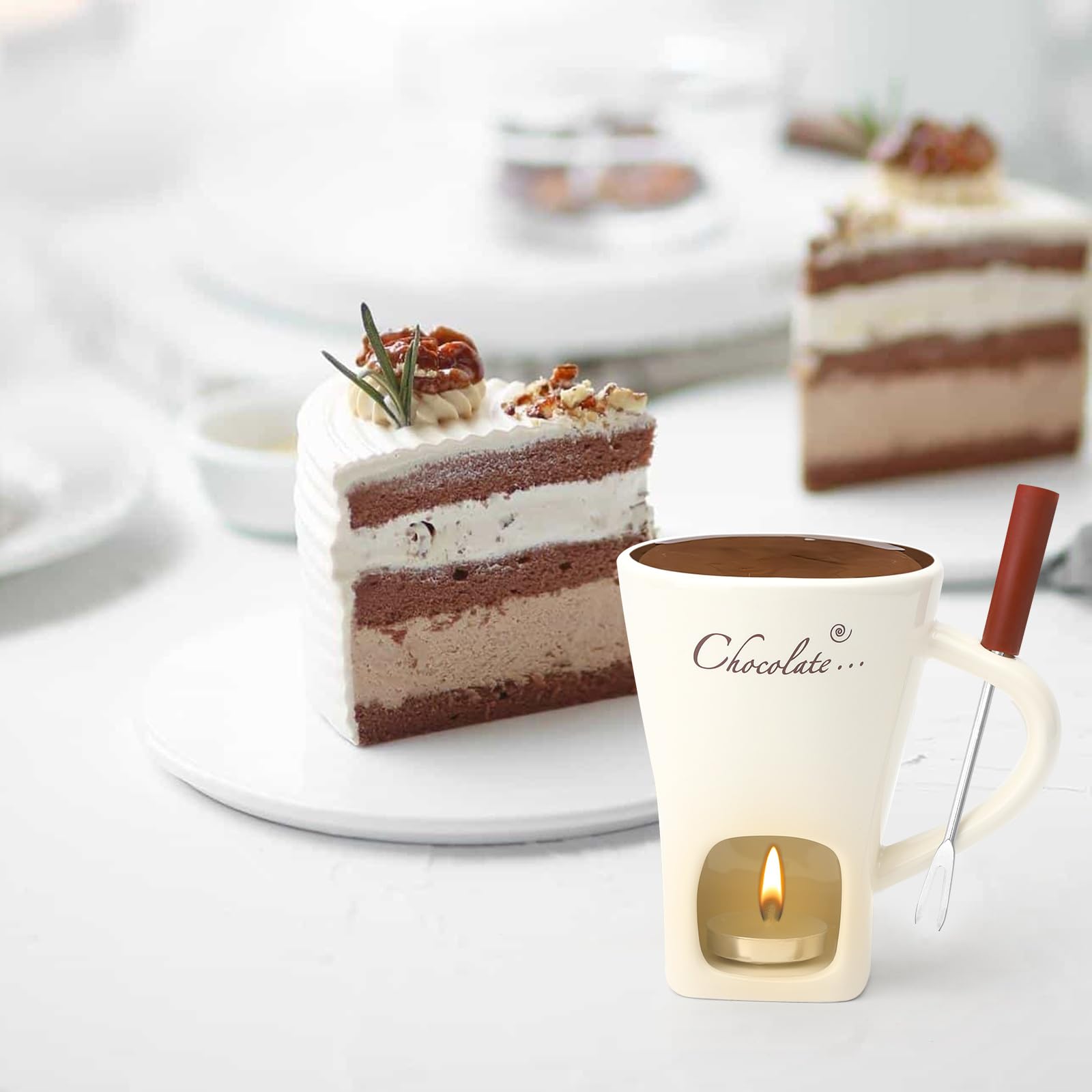 Taza de cerámica para fondue de chocolate, 130 ml, con portavelas y tenedores, fondue de chocolate, juego de fondue de chocolate, juego de fondue de chocolate, cazuela para chocolate, queso