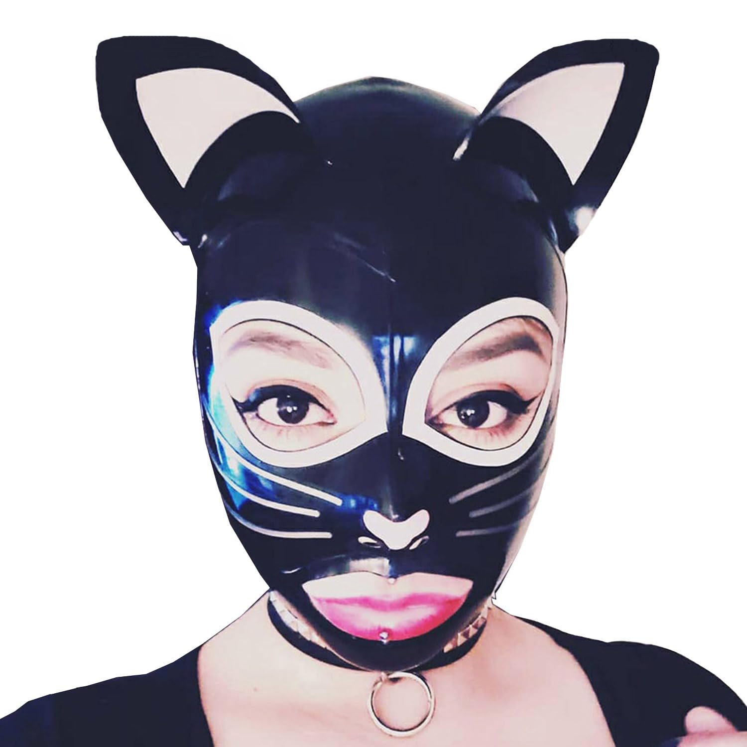 Maschera con Cappuccio in Lattice Faccia di Gatto Unisex,Cappuccio in Gomma con Cerniera Posteriore Fatto a Mano