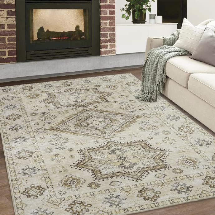 Miniatura 2 de Fashionwu Alfombra bohemia de 5 x 8 pies, estilo oriental para dormitorio, tapete de baño, medallón envejecido, lavable a máquina, alfombra estética