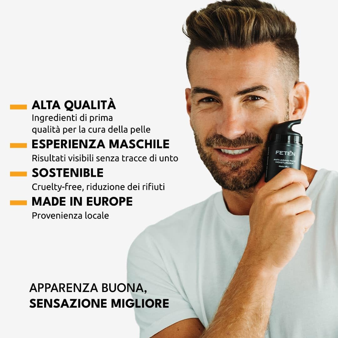 FETEN Crema Viso Uomo – Crema Idratante Antirughe con Acido Ialuronico – Effetto Anti-Età e Opacizzante – Cura del Viso Giorno & Notte – Skincare Uomo Antiacne 50ml (Confezione da 2)