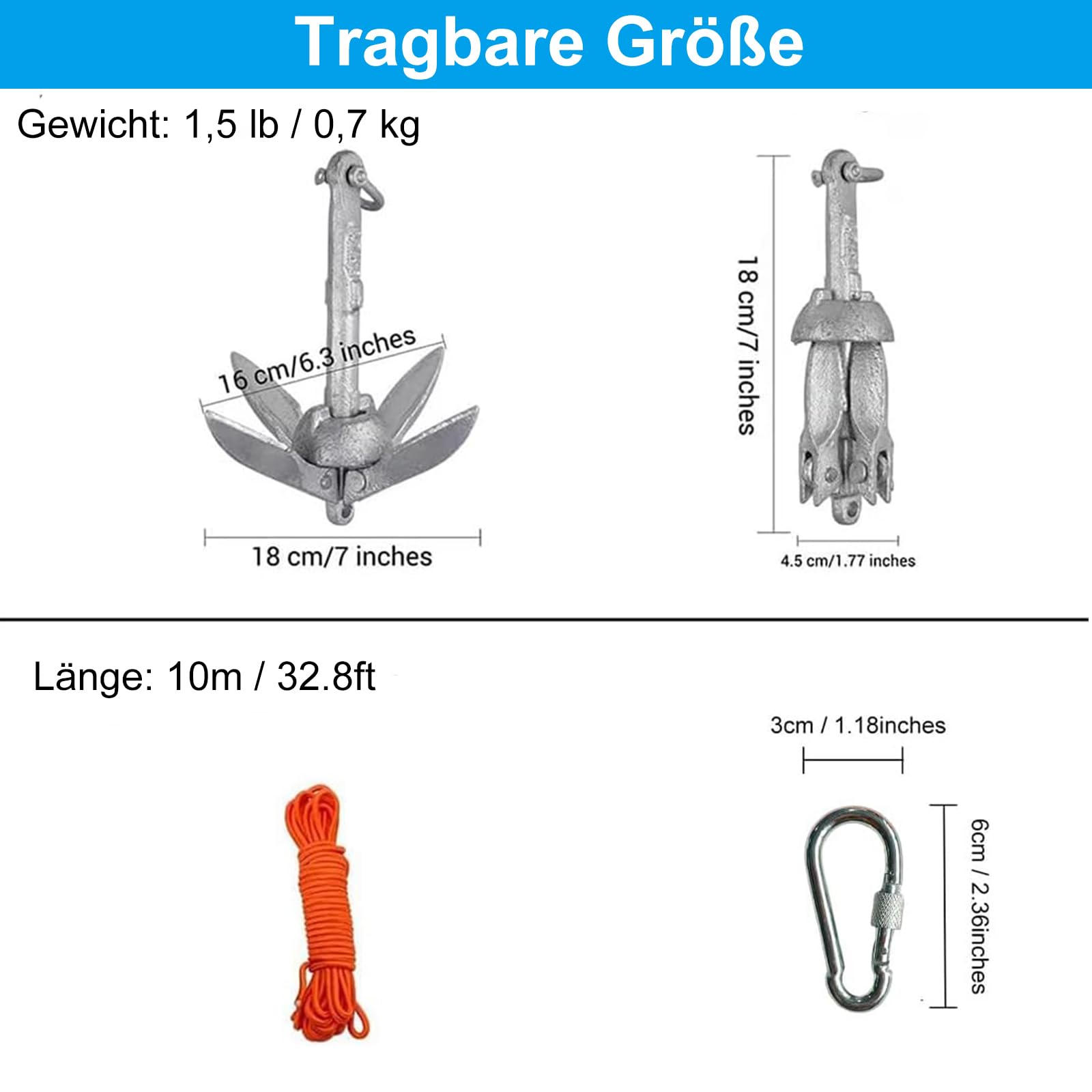 BeGrit 0,7Kg Anker Faltanker verzink Ankerset mit 10m reißfesten Ankerleine ø 6 mm & Ankerboje Kugel Set(Silber)