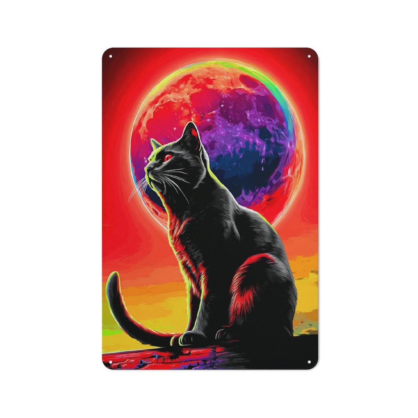 Neon Cat with Cosmic Moon Metal Wall Art Sign 30x20cm, Vintage Vintage Wall Decor for Lounge, Study, Pub Or Wall Gallery