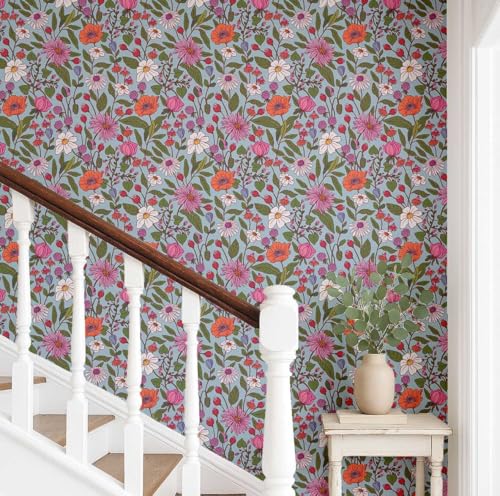 Papier peint fleurs sauvages amovible bleu adhésif 63x304cm - 3