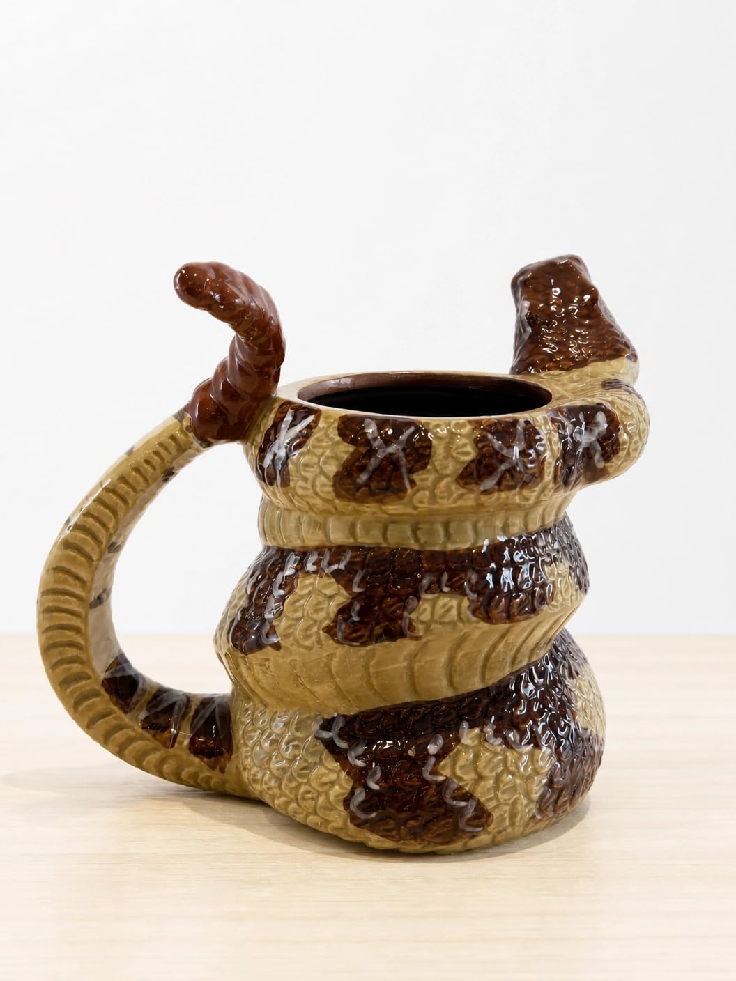 Ceramic Rattlesnake Mug, Novelty Snake Design Coffee Cup with Coiled Body and Tail Handle, Brown and Tan Glazed Finish image 3