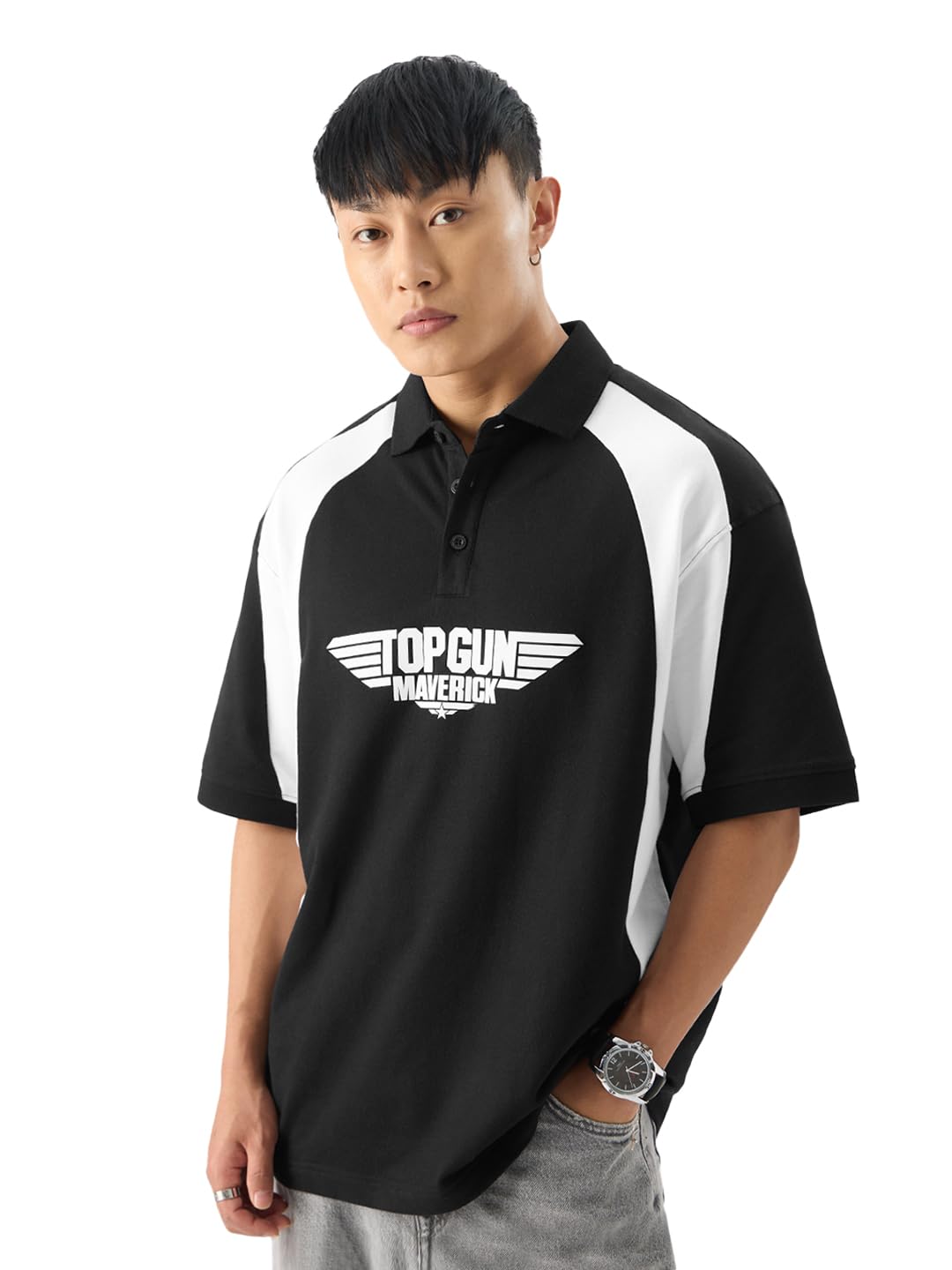 Official Top Gun: Maverick Men and Boys Short Sleeve Black Graphic Print Oversized Fit Polos Oversized Polo T-Shirts Relaxed Fit Drop Shoulder T-Shirts Loose Men's Collared T-Shirt-image-4