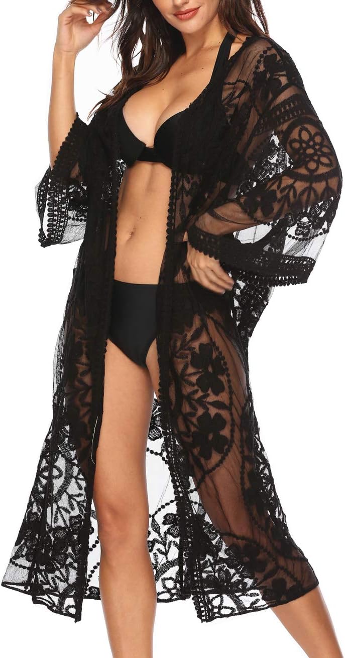 Women's Lace Cardigan Floral Crochet Sheer Beach Cover Ups Long Open Kimono - Image 2