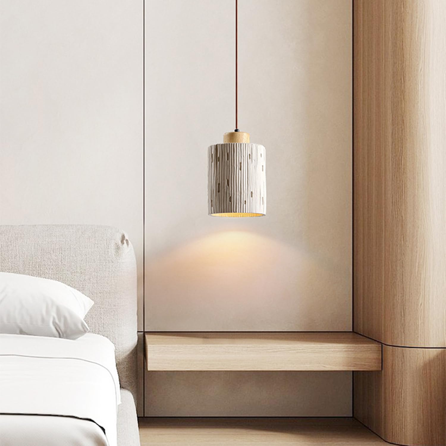 Lampada a sospensione in cemento con paralume in legno, lampada a