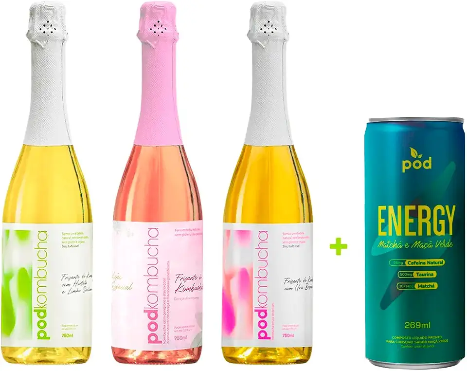 Kit 3 Kombucha Pod 750ml Cereja, Limão e Uva Branca + Focus Pod