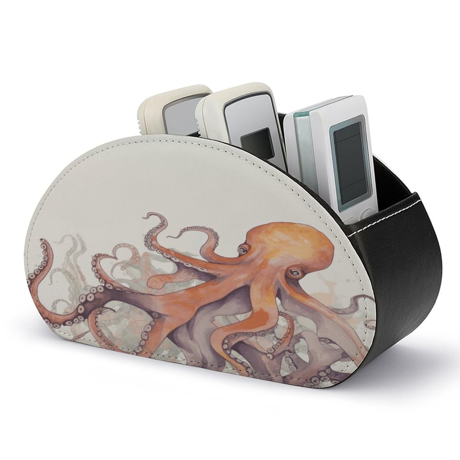 VstaDank Octopus Tentacles Remote Control Holder with 5 Compartments Pu Leather TV Remote Caddy Storage Box Desktop Organizer Store Controller DVD Brush Pens Glasses&Office Supplies