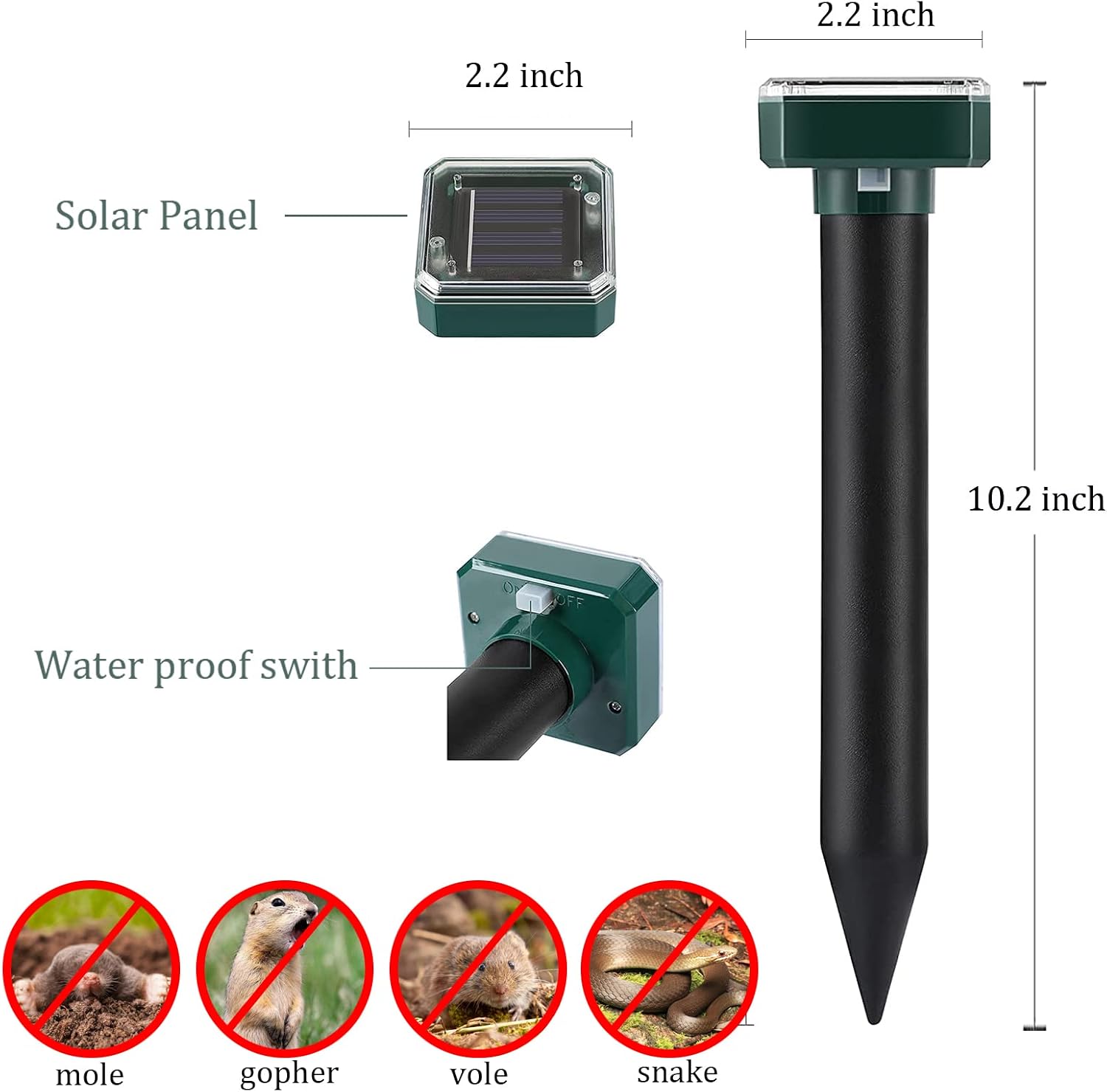 Snake Repellent Mole Repellent Solar Powered 10 Pack,Vole Chipmunk Outdoor, Groundhog Repeller, Waterproof Gopher Vole Repellent for Lawn Garden & Yard, Sonic Mole Spikes, Get Rid of Moles