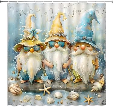 Summer Gnomes Shower Curtain Beach Theme Cute Gnome Starfish Seashell Tropical Ocean Seaside Holiday Funny Coastal Nautical Bathroom Decor Curtains Polyester with Hooks