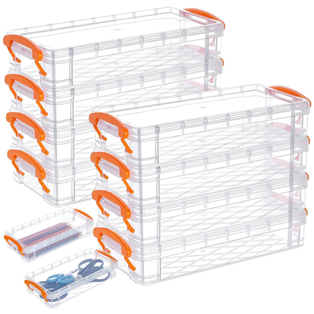 BENECREAT 10 Pack Large Capacity Plastic Box, 21.6x10x4.6cm/ 8.5x3.9x1.8inch Orange Stackable Craft Organizer for Art Supply, Storage Organizer, Office Desk