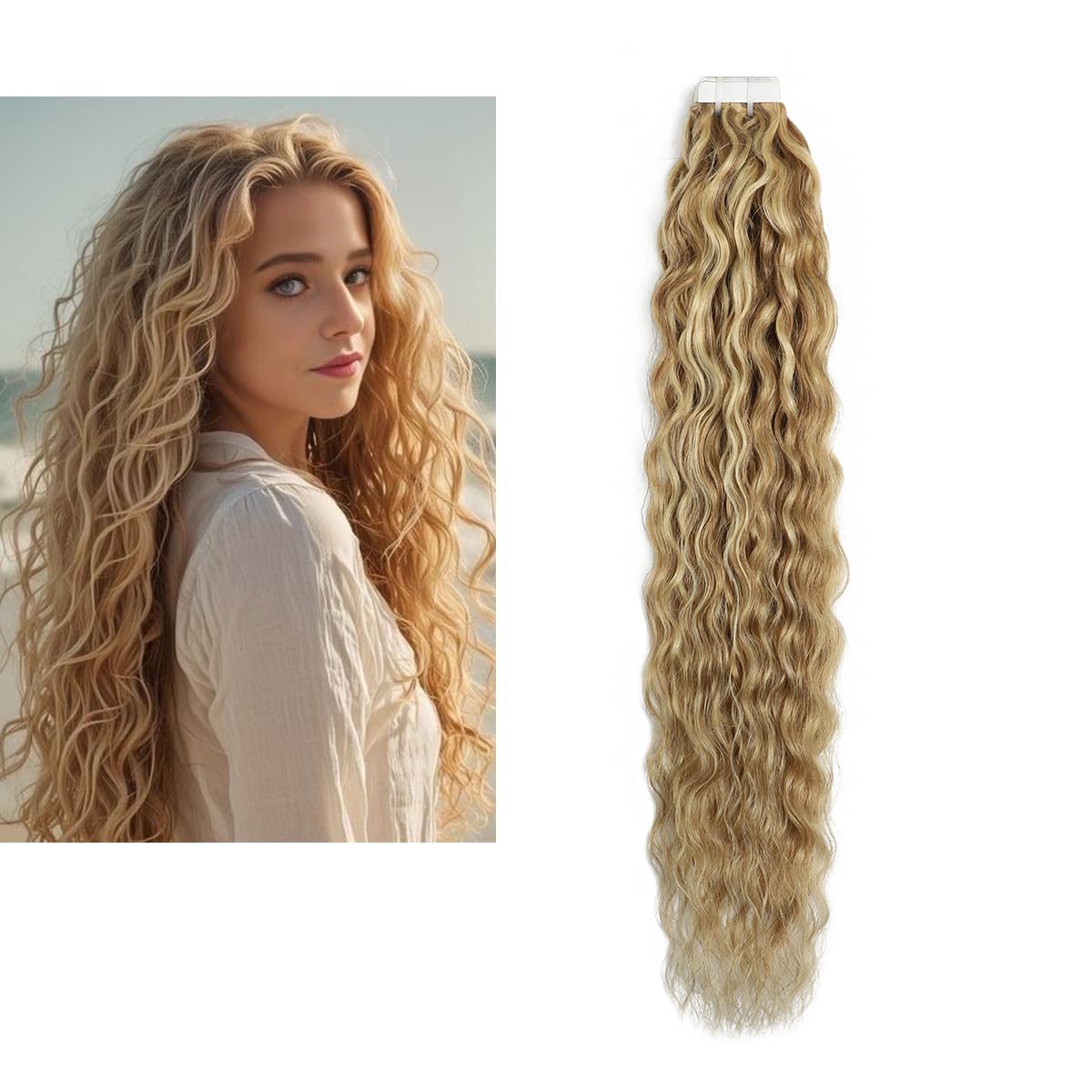 Extensiones adhesivas de pelo natural rizado suelto, con mechas rubias y marrón, onda natural Remy con cinta P8/613# 20 piezas, 50 g 45 cm/18 pulgadas