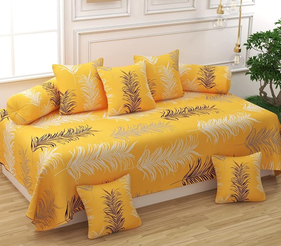 NEW LEAF diwan Set for Living Room, diwan Set Covers Glace Cotton, Designer diwan Set 8 Pieces (1 Single Bedsheet, 5 Cushion Covers, 2 Bolster Covers, Color- Yellow Grey)