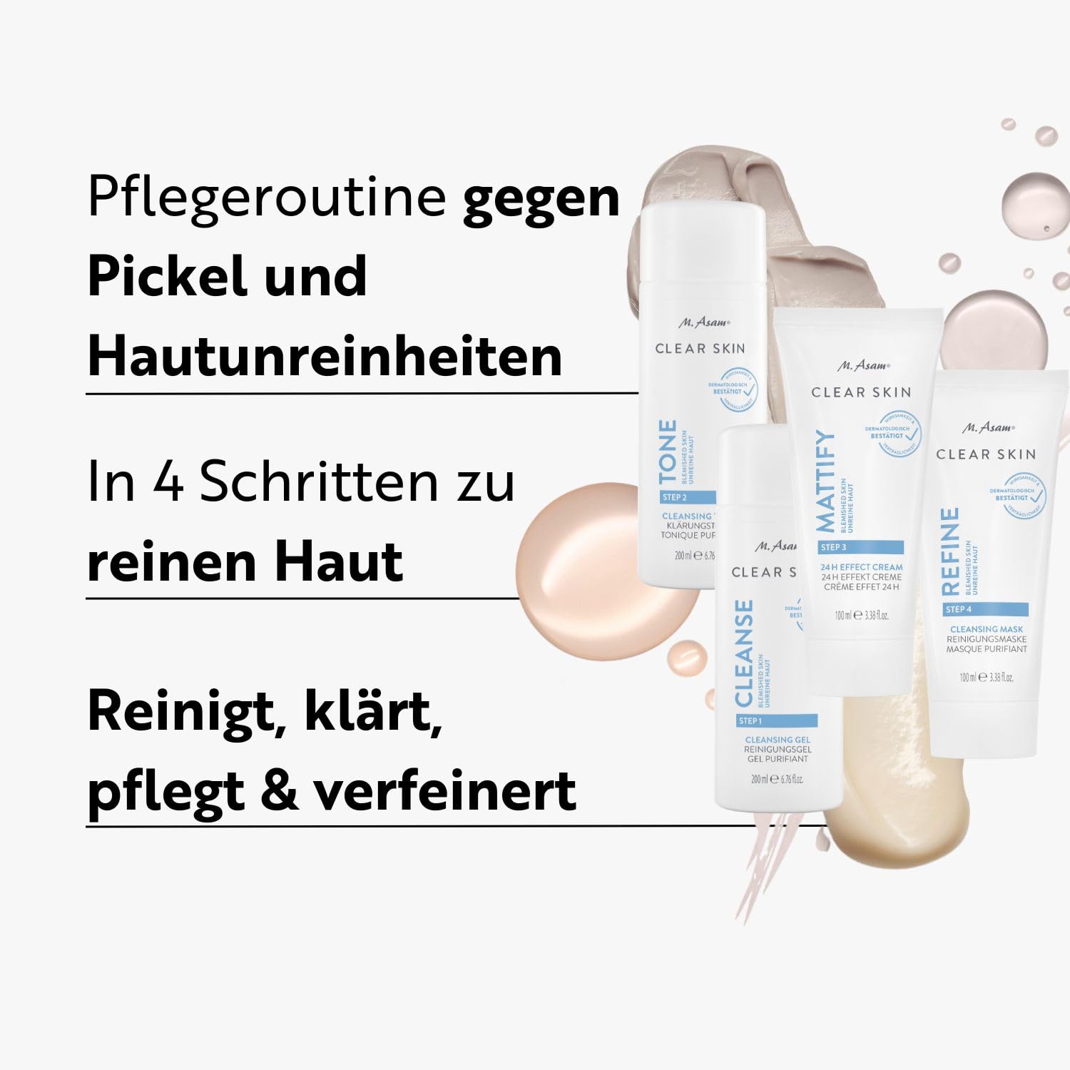 M. Asam CLEAR SKIN Set 4-teilig Anti Pickel Pflege reine Haut Waschgel Toner Maske Creme Porenreiniger Gesichtspflege