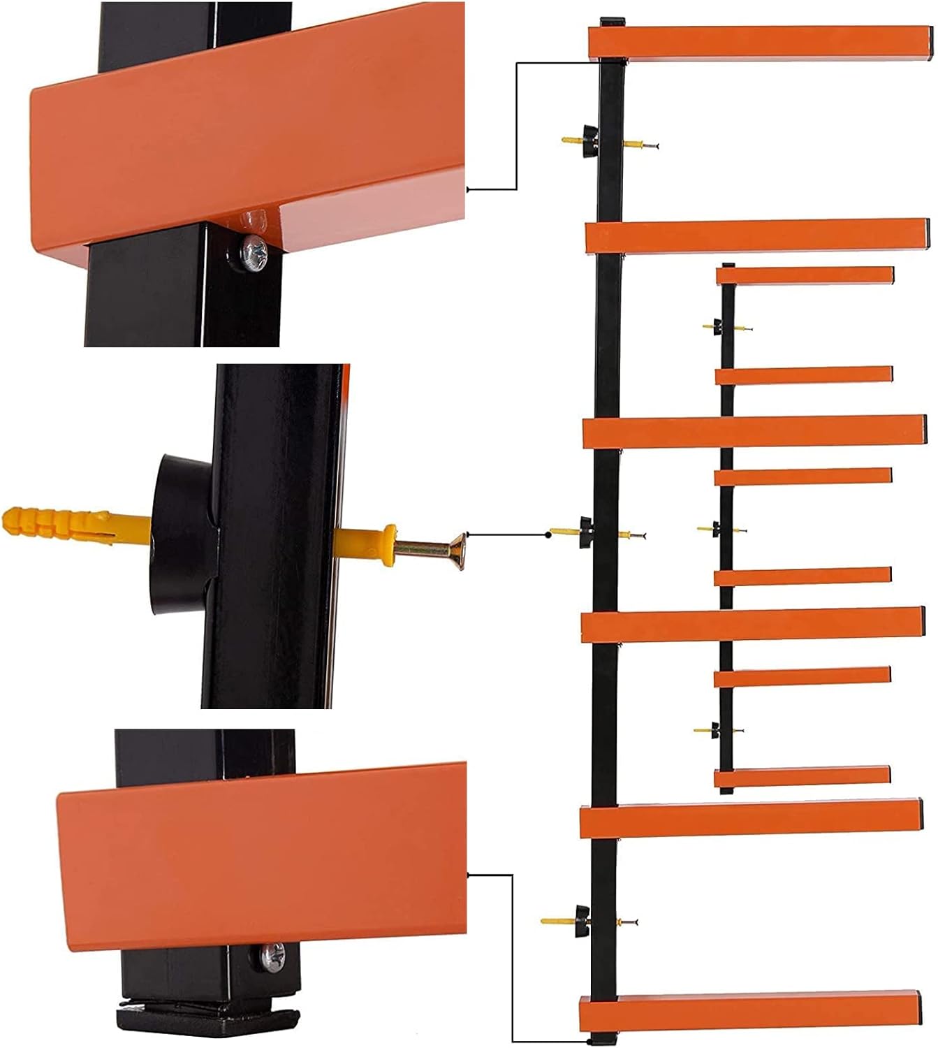 KUAFU Lumber Storage Rack Board Basement Storage Wall Mounted Rack Max 600 lb Steel with 6-Level Wall Mount, Indoor & Outdoor 1 Pack