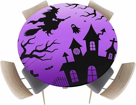Round Fitted Tablecloth with Elastic Edge 45"-54", Halloween Night Castle Witch Tomb Waterproof Oil-proof Table Cover Tablecloths for Indoor Outdoor Party Picnic Banquet, Ghost Tree Purple Ombre