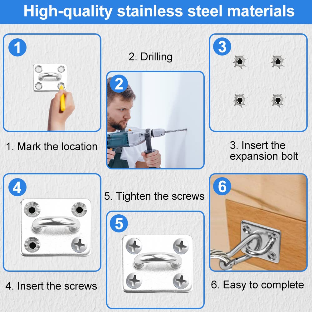 Kit De 6 Plaques à œil En Acier Inoxydable 304 – 35x30mm, Avec Vis Et Chevilles – Pour Hamac, Bateau, Auvent Et Chaise Suspendue