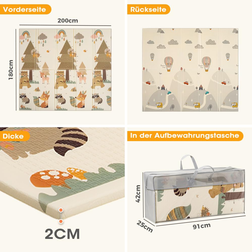 PlayPals Krabbelmatte für Babys, Baby Spielmatte, Krabbeldecke Baby, 2 cm Dicke Spielmatte, Beidseitig Verwendbar, Faltbar, Wasserdicht, Rutschfest, 200x180 cm, mit Aufbewahrungstasche, Wald | Krabbeldecke Extra Groß und Dick, Faltbar, Wasserdicht, Rutsch