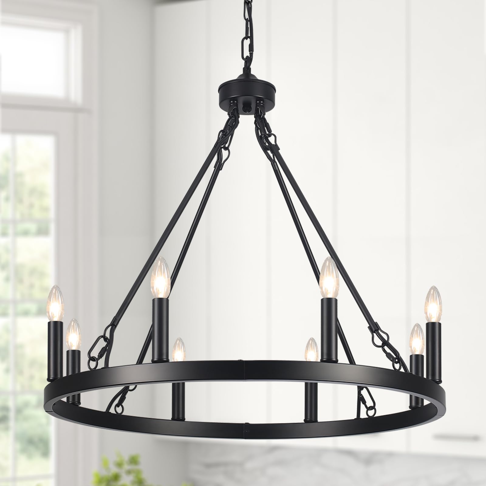 ASHUAQI Wagon Wheel Chandelier, 8-Light Black Chandelier Ceiling Lights Living Room, Rustic Modern Farmhouse Chandeliers Ceiling Light for Dining Room, Kitchen, Hallway, Bedroom, Hall — image 1