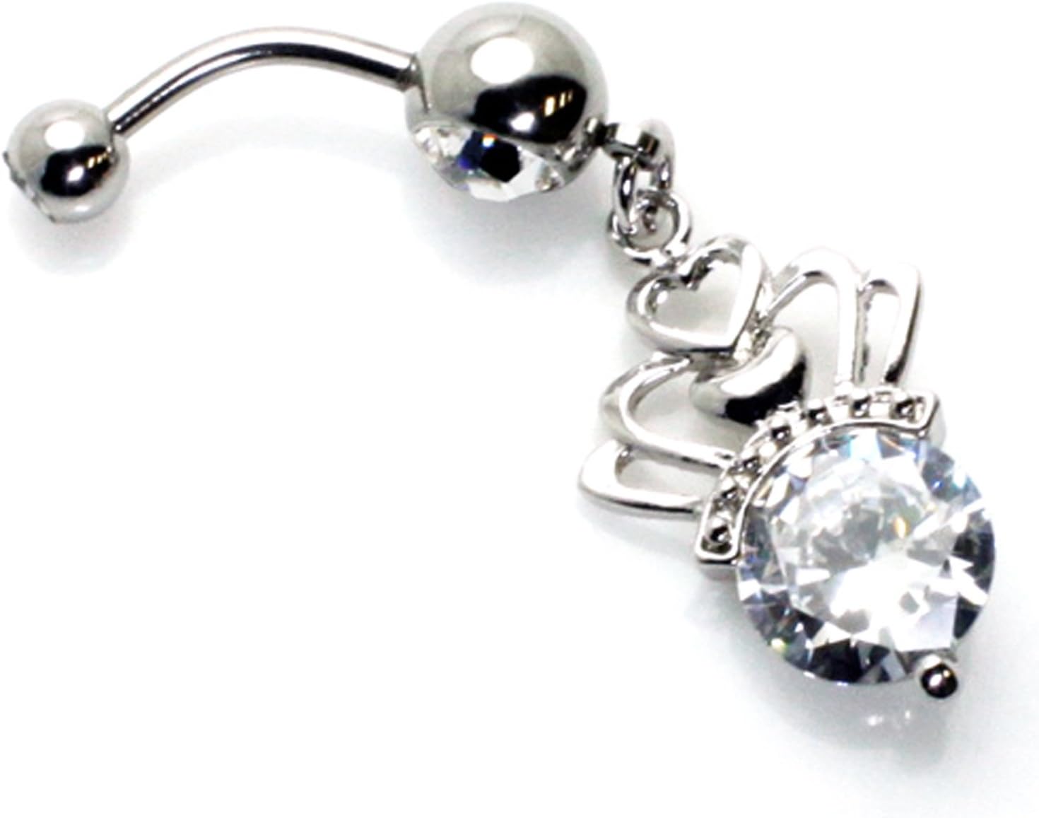 14g (1.6mm) CZ Princess Crown Stainless Steel Dangle Belly Ring Navel Piercing