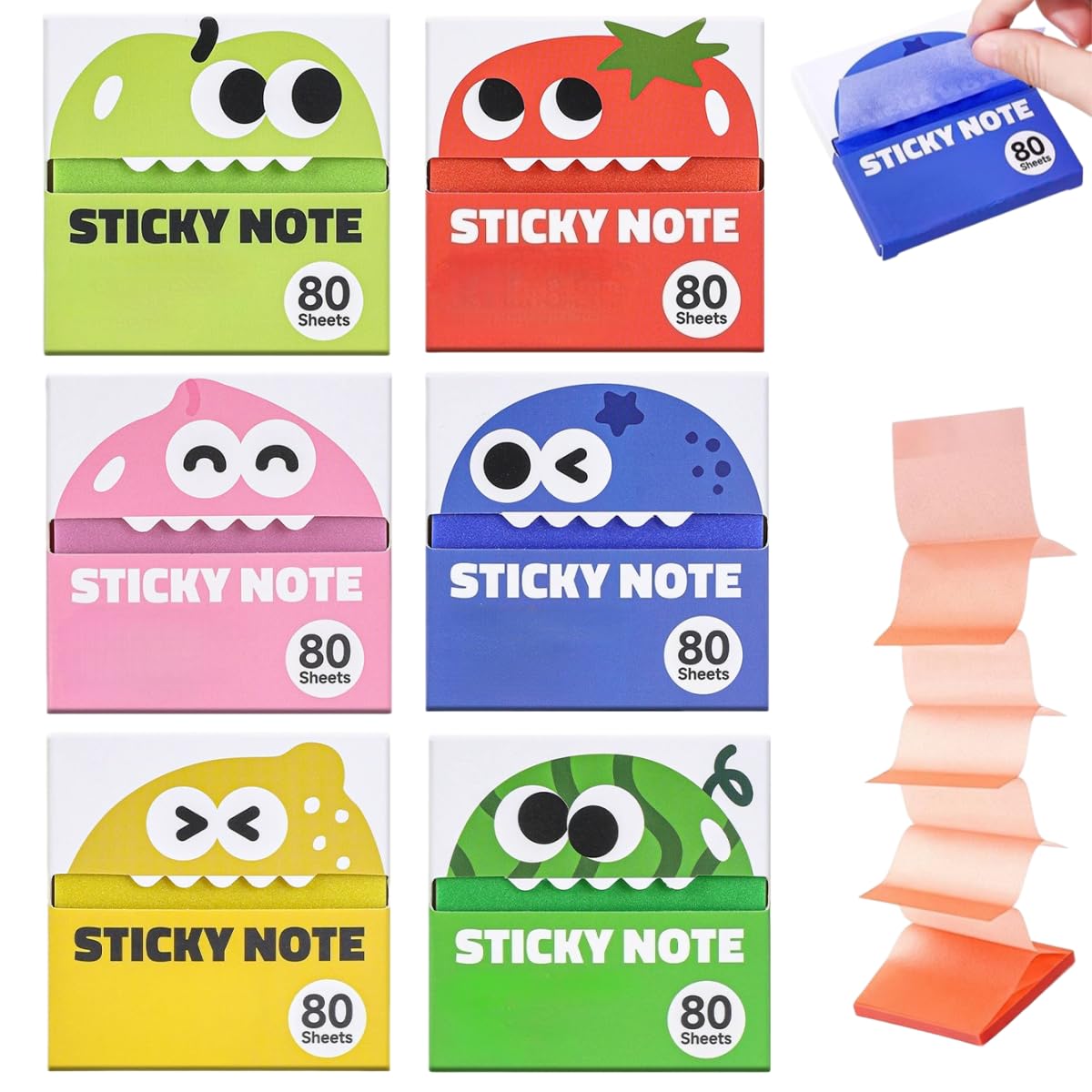 Cute Fruit Monster Pop-Up Sticky Note - Transparent Pull Out Sticky Notes, 6/12 Boxes Fun Clear Note Continuous Pull-Out Tabs for Office & Study (6 Pack)