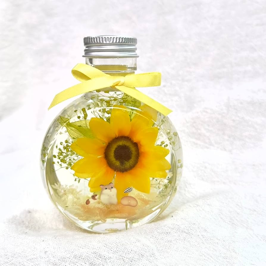 ◆ハーバリウム　357 ひまわりヘリクリサムのbottle *.:。✿*゜ ハーバリウムのひまわりって、何を使ってるの？ | まなはなの