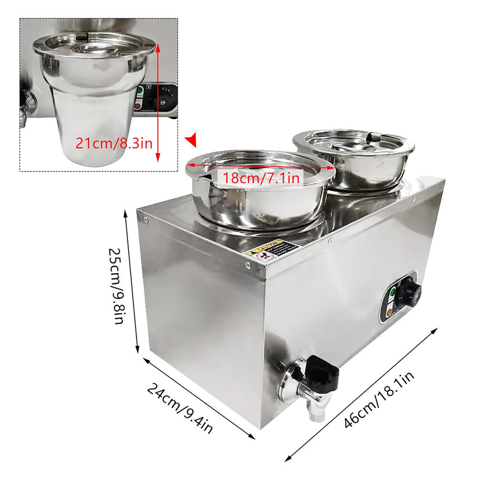Scaldavivande da 8 l, in acciaio inox, con controllo della temperatura, per catering e ristoranti, 1200 W, include 2 pentole con coperchio
