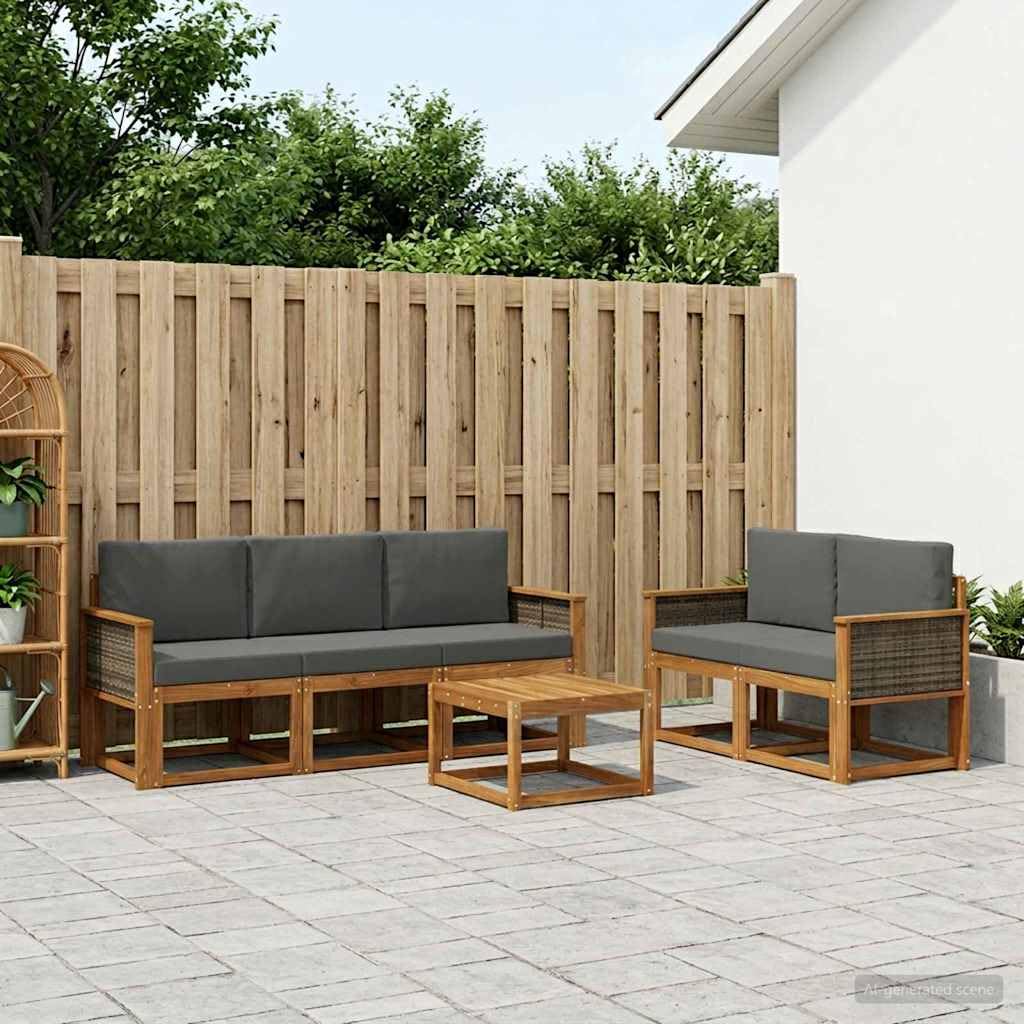 Sofa-Set für den Außenbereich, 6-teilig, Natur und Anthrazit | Akazienholz, Lamellen-Design, ergonomische Armlehnen, ideal für Garten und Terrasse