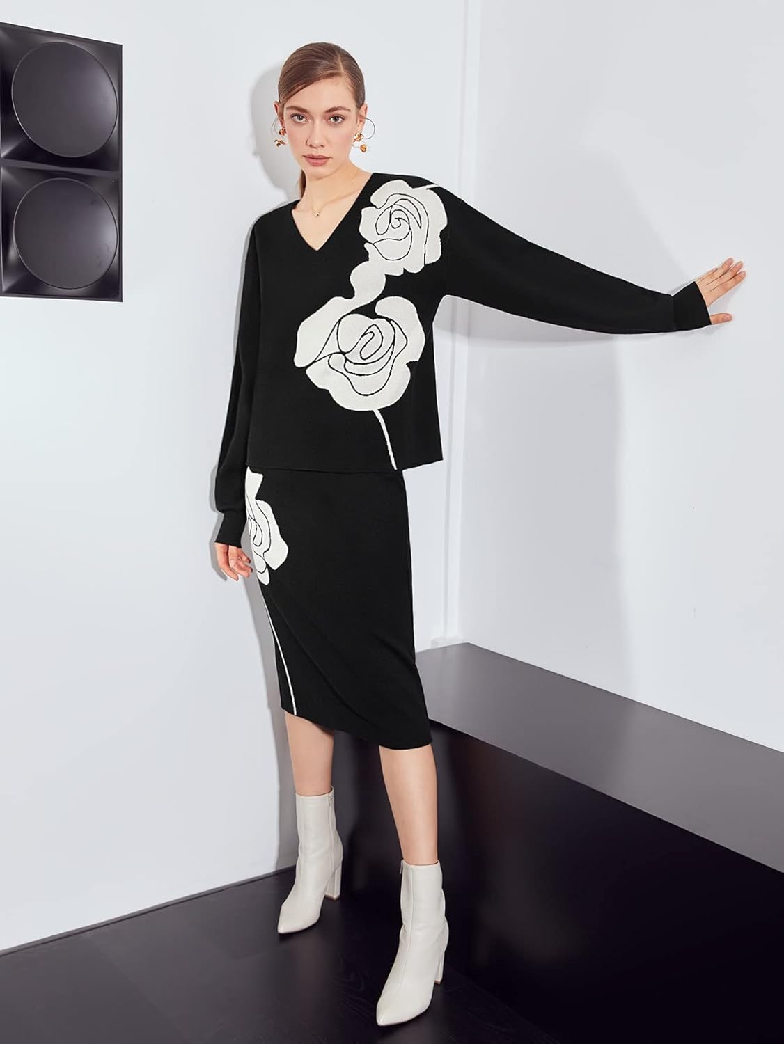 Women's Sweater Wool-Mix Large Floral Pattern Sweater Sweater for Women (Color : Black, Size : Small)